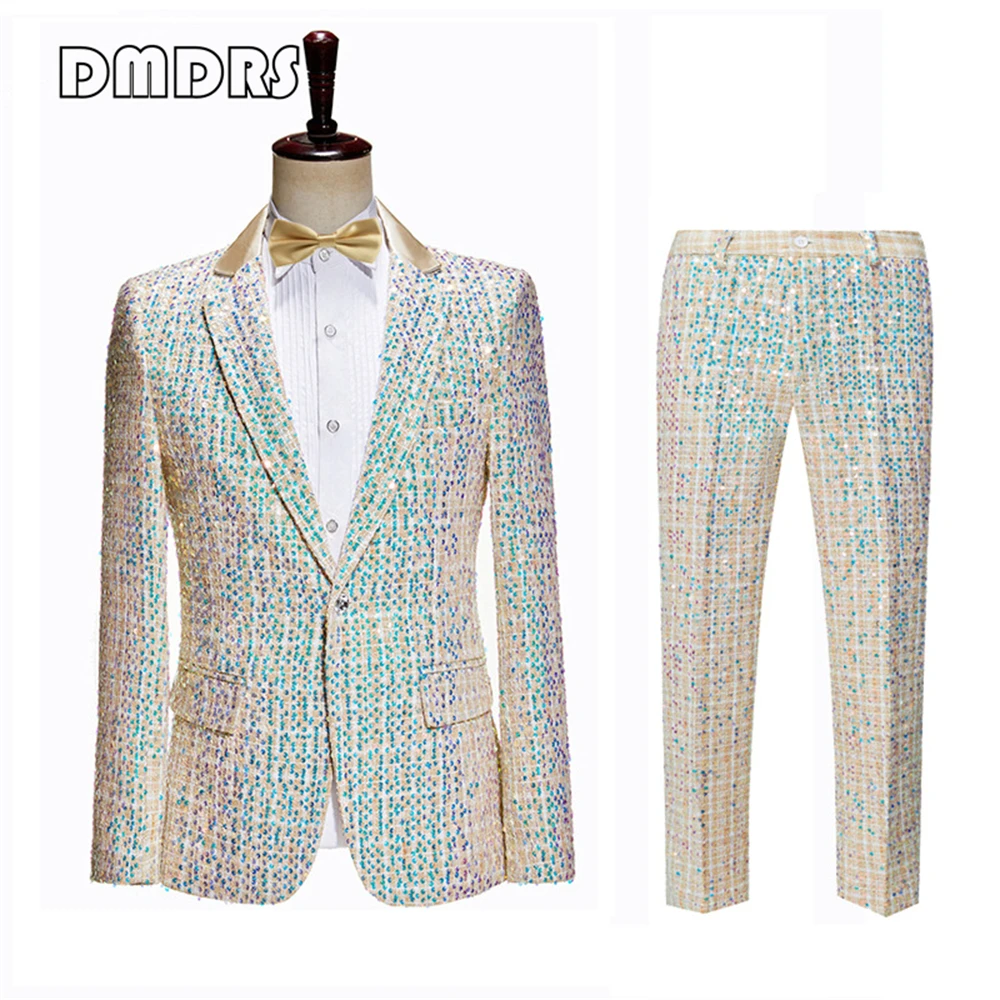 

Champagne One Button Men's Performance Costume Suit Set Long Sleeves Sparkle Jacket Pants and Bow-tie Plus Size