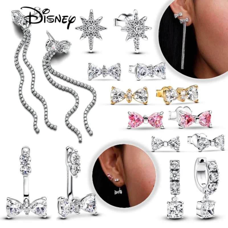 2024 New Disney Pavé Bow Drop Earrings，Pavé Dangle Hoop Earrings，Fits The Original Pandora, DIY Ladies' Holiday Gifts