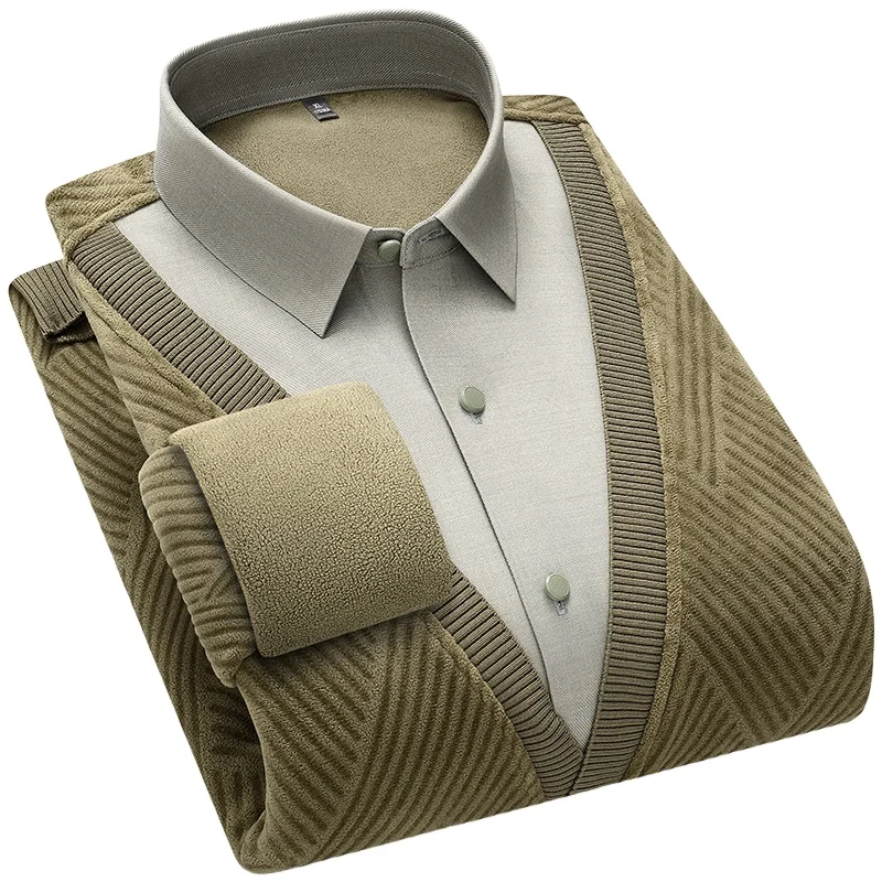 Men Fashion Long Sleeve Korean College Casual Clothes Top Grade Fake Two velvet warm shirt Classic College Casual blouse