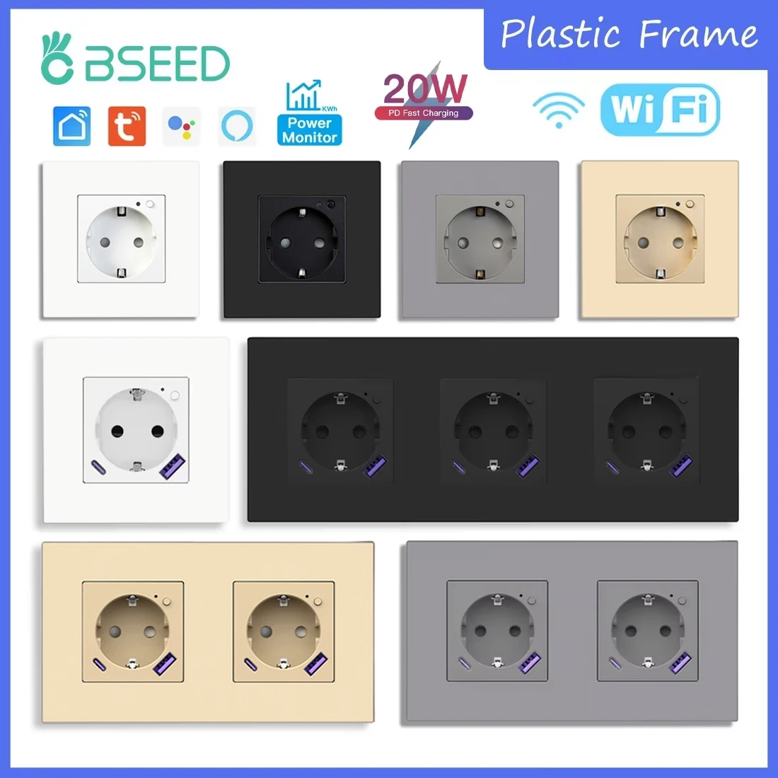 

Розетка BSEED Wi-Fi EU с нормальными портами быстрой зарядки USB Type-c Умные розетки Поддержка приложения Tuya Smart Life Alexa Пластиковые рамки