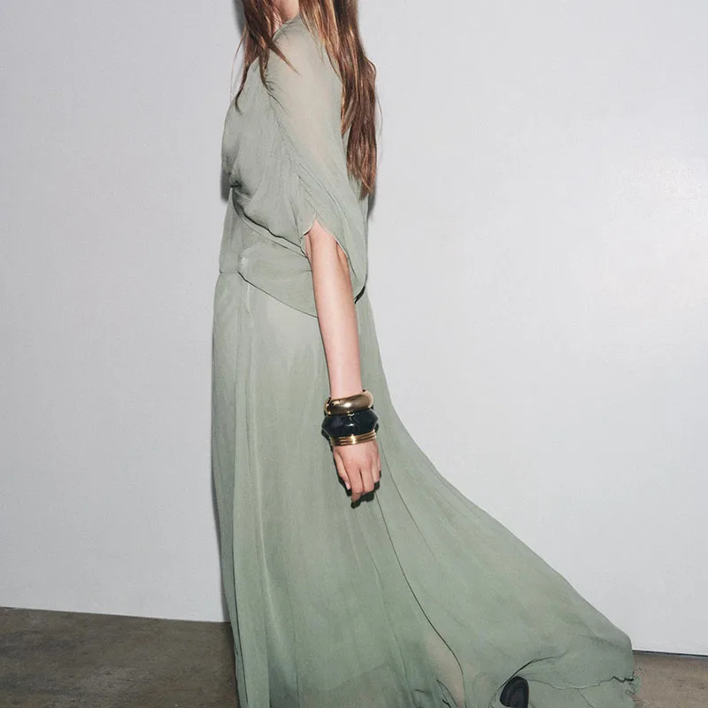 

Summer New Arrival Women's Dr ZA2025 Long V-ne Pleated Ele Gown High Waist Floor-length Par Dr Color