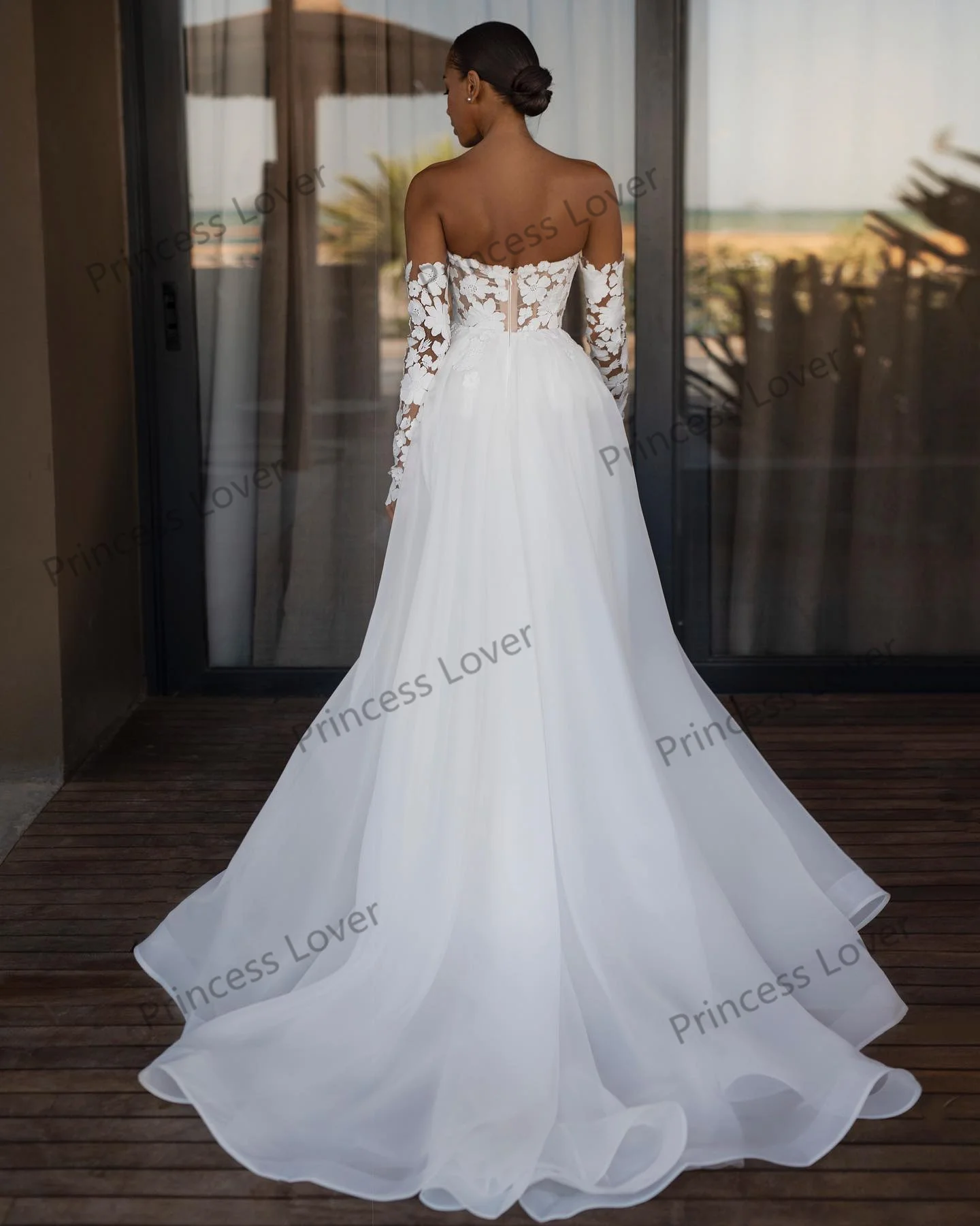 Abiti da sposa in pizzo floreale bianco con maniche staccabili Maxi abito in Tulle con spacco alto secondo abito da ricevimento