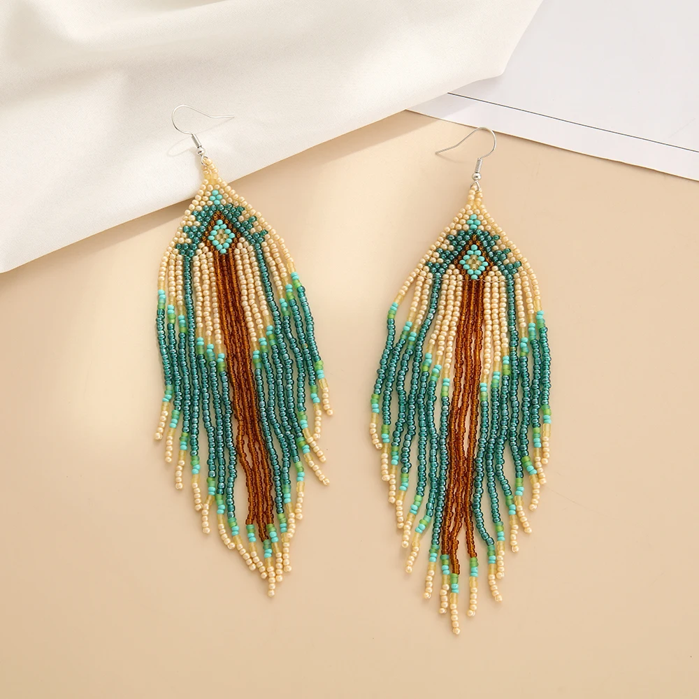 Beaded earrings Tassel Originality Geometry Design Gradient Hand knitting Bohemia Alloy Tide Simple Rice bead earrings