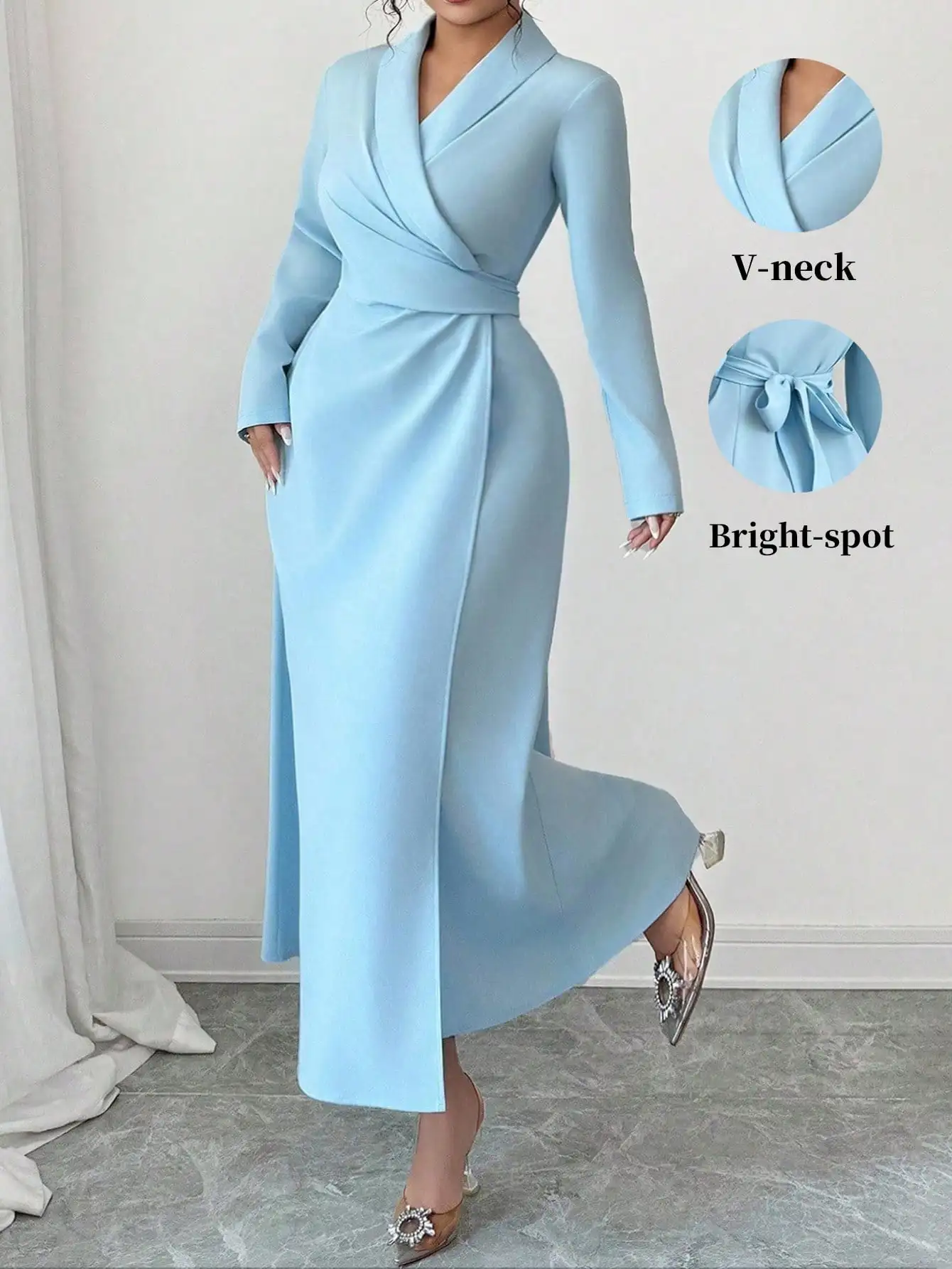 

Elegant V-Neck Long Sleeve Wrap Dress with Belted Waist, Solid Light Blue, Plus Size