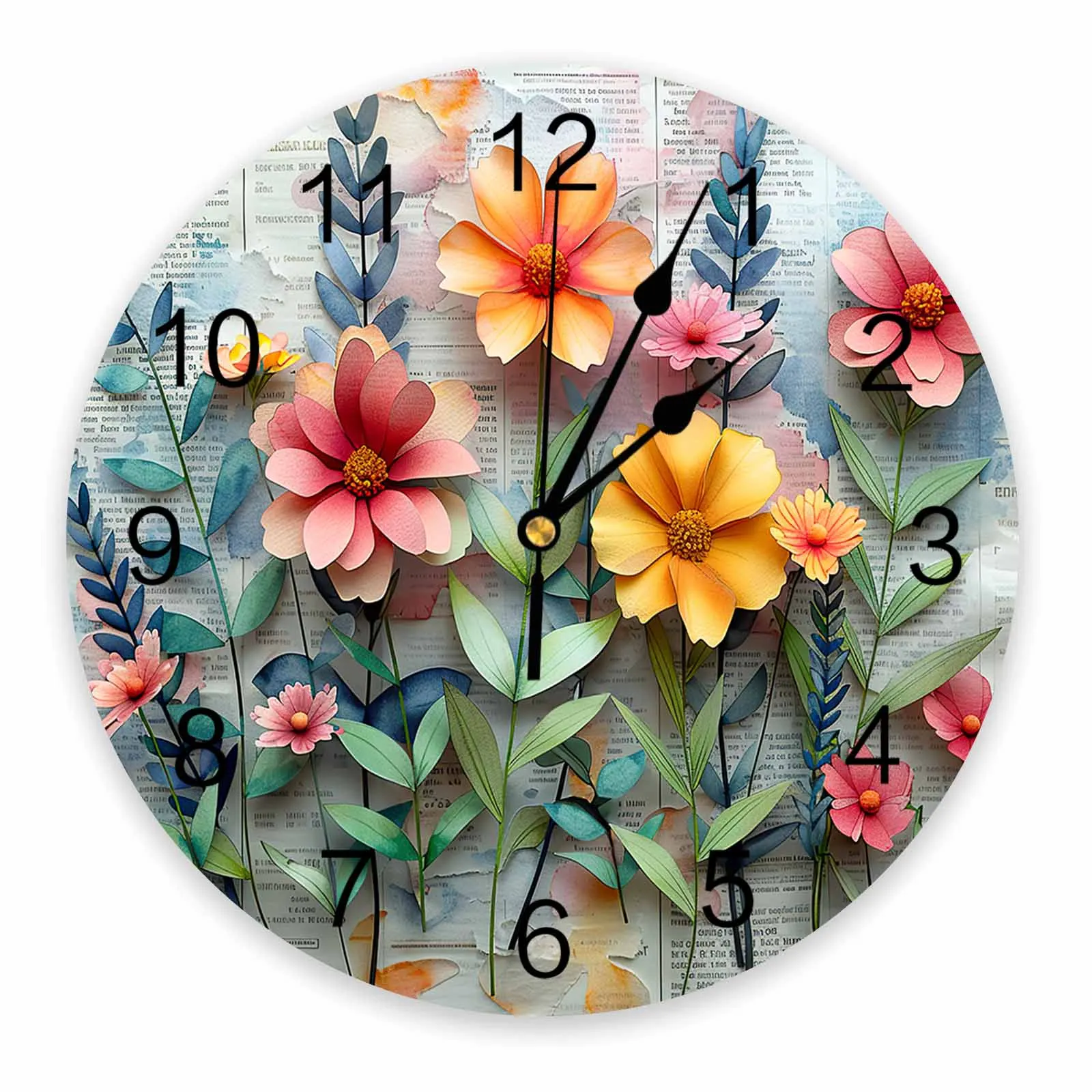 

Flower Newspaper Watercolor Gradient Printed Wall Clock Modern Silent Clock Living Room Home Decor Wall Hanging Watch