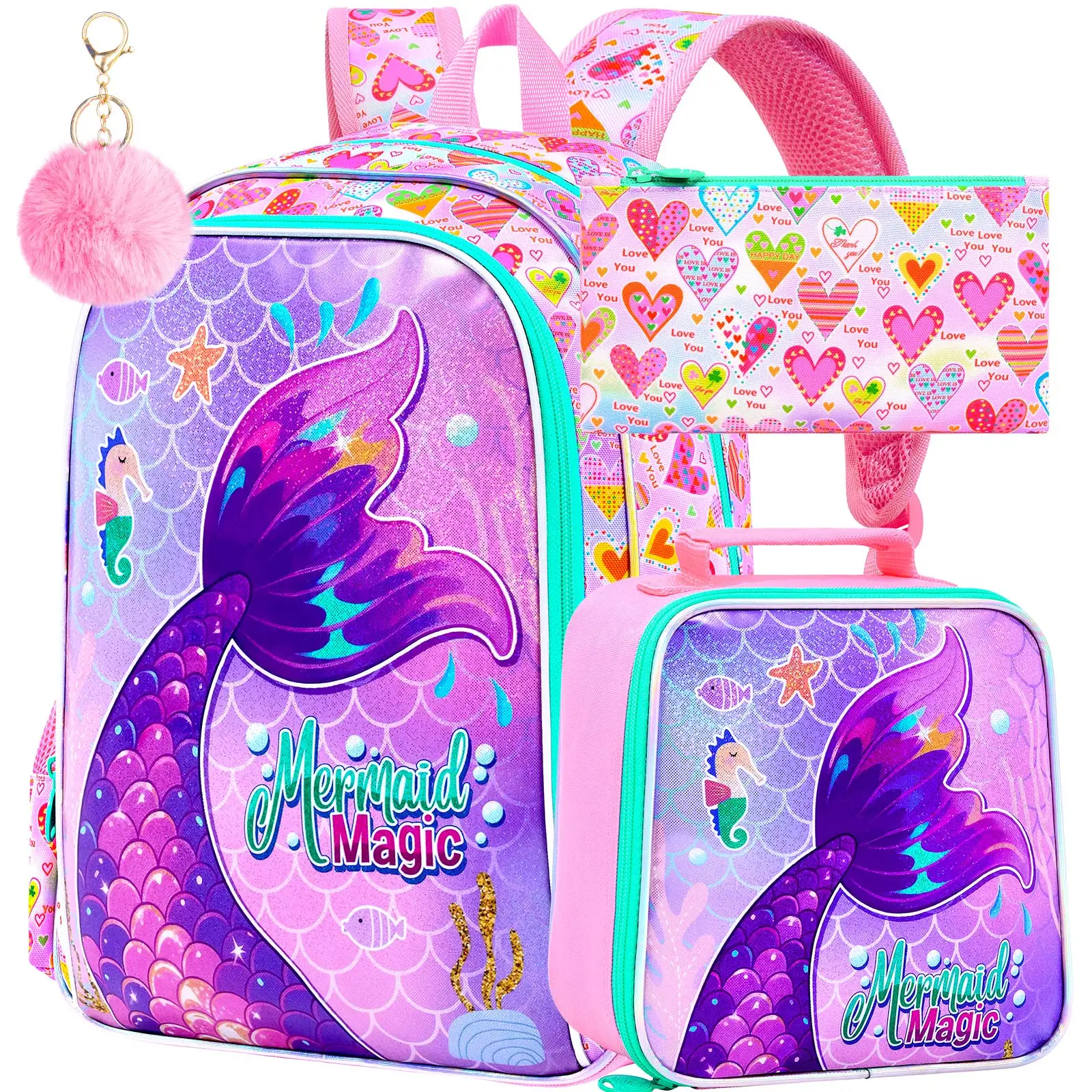 

3PCS Kids Backpacks for Girls, 16" Little Kid Mermaid Pinkish purple Preschool School Bookbag and Lunch Box