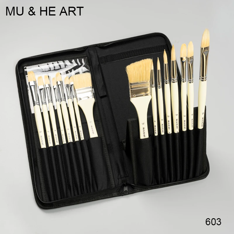 

Interlocked Chongqing White Bristle 16PCS With Pouch Oil Painting Brush Wooden Handle Brass Ferrule 603SET MU HE ART