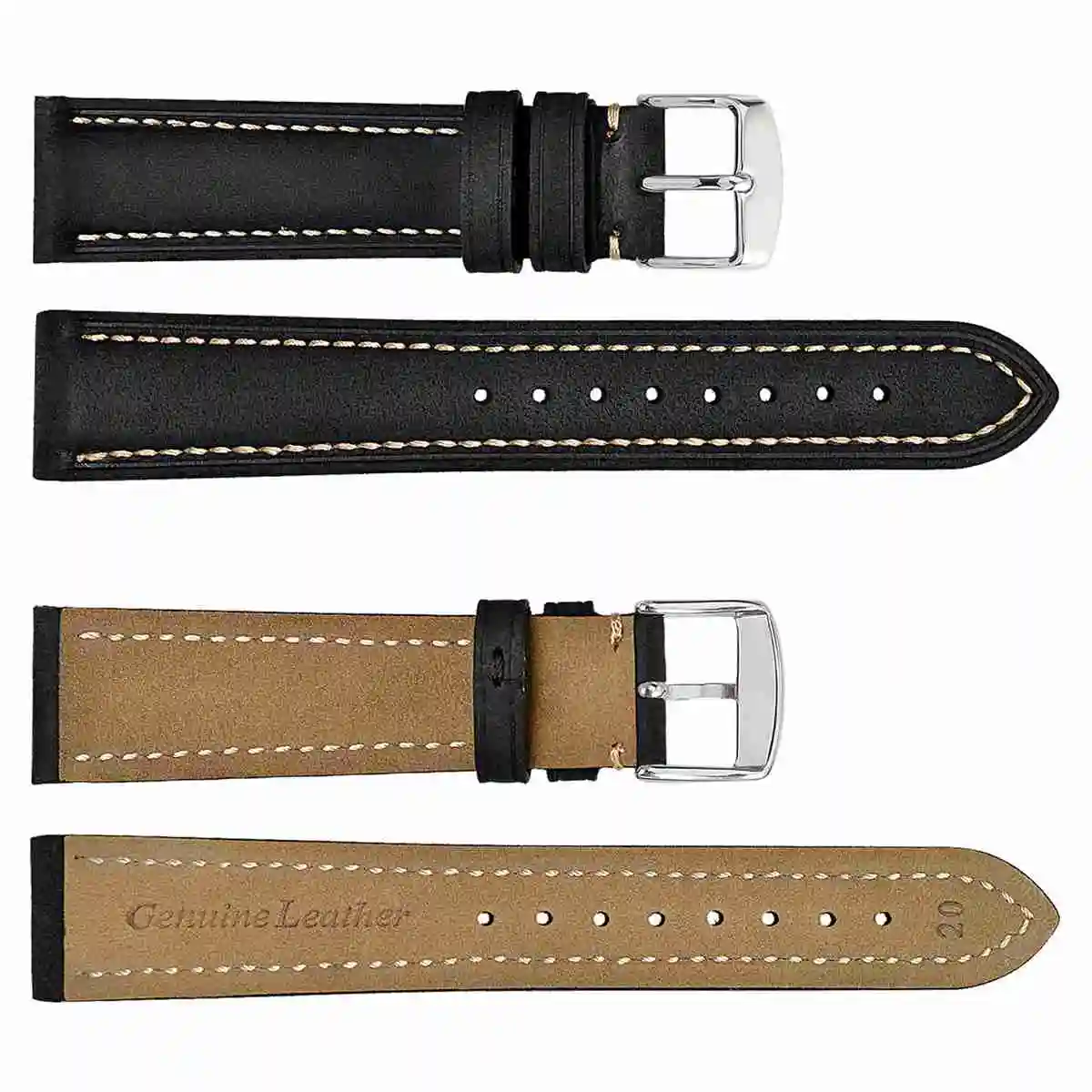 WOCCI Retro Cowhide Watch Band,Natural Crack,18mm 19mm 20mm 21mm 22mm,Black Brown Grey with Stainless Steel Buckle