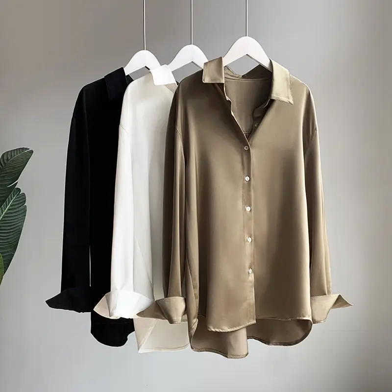 Blue Fashion Woman Blouses 2026 Satin Drape Temperament Women's Elegant Blouses Spring  Autumn Loose Solid Color Long Sleeve Top