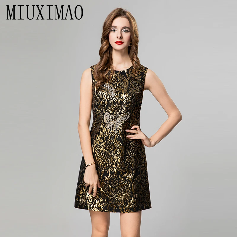 

MIUXIMAO 2025 Fashion Royal Luxury Jacquard Summer Dresses Leaf golden Floral Diamonds Dress Black Short Dress Women Vestides