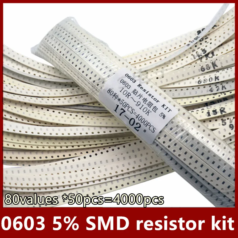 

0603 5% SMD resistor kit 80 values *50 pcs=4000pcs 10R~910K ohm Assortment Set 10R 100R 10K 100K 470K