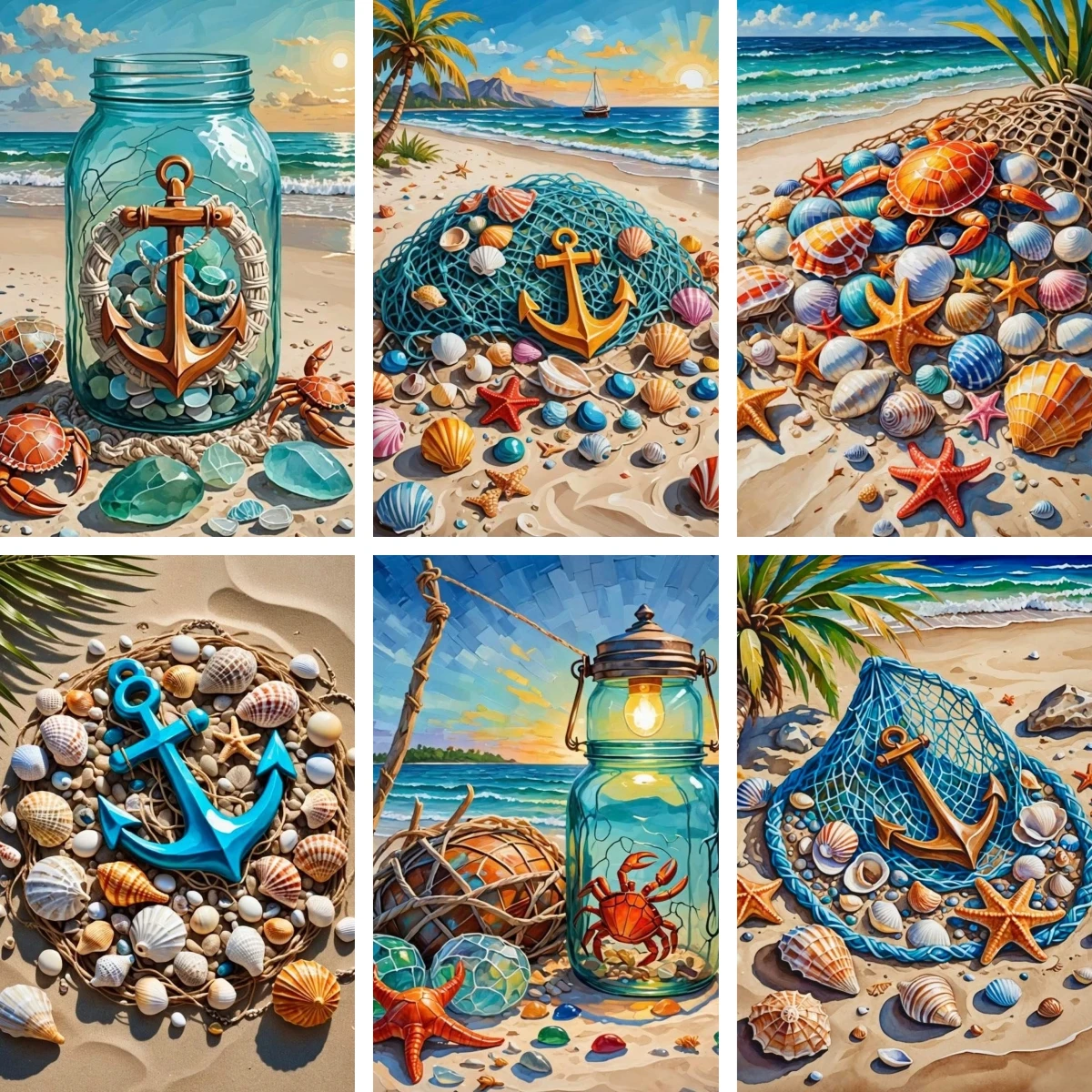 Full Drill Diamond Painting DIY Beach Mason Jar and Anchor Nautical Theme Art Summer Gift for Ocean Lover Coastal Bathroom Decor