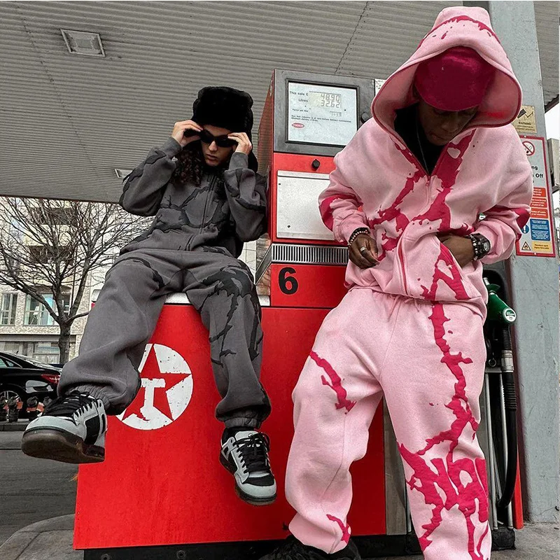

Trendy Brand Street Foam Printed Sweater Cardigan Y2K Casual Hip-Hop Zipper Jacket Men's And Women's Tops And Trousers