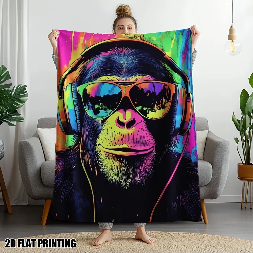 Ultimate Pop Art Gorilla Retro Headphones Throw Blanket Cozy Fleece Decor for Couch Bedroom Sofa Living Room Art