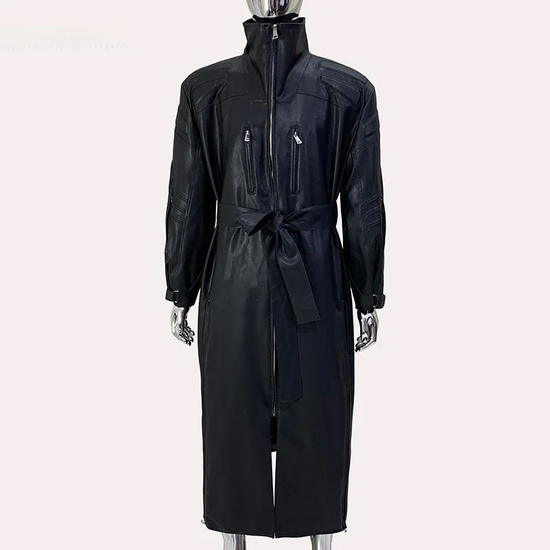 Nerazzurri Black PU Leather Jacket Long Lapel Shoulder Pad Men's Fashion Urban Style Casual Zipper Closure Pure Color Coat