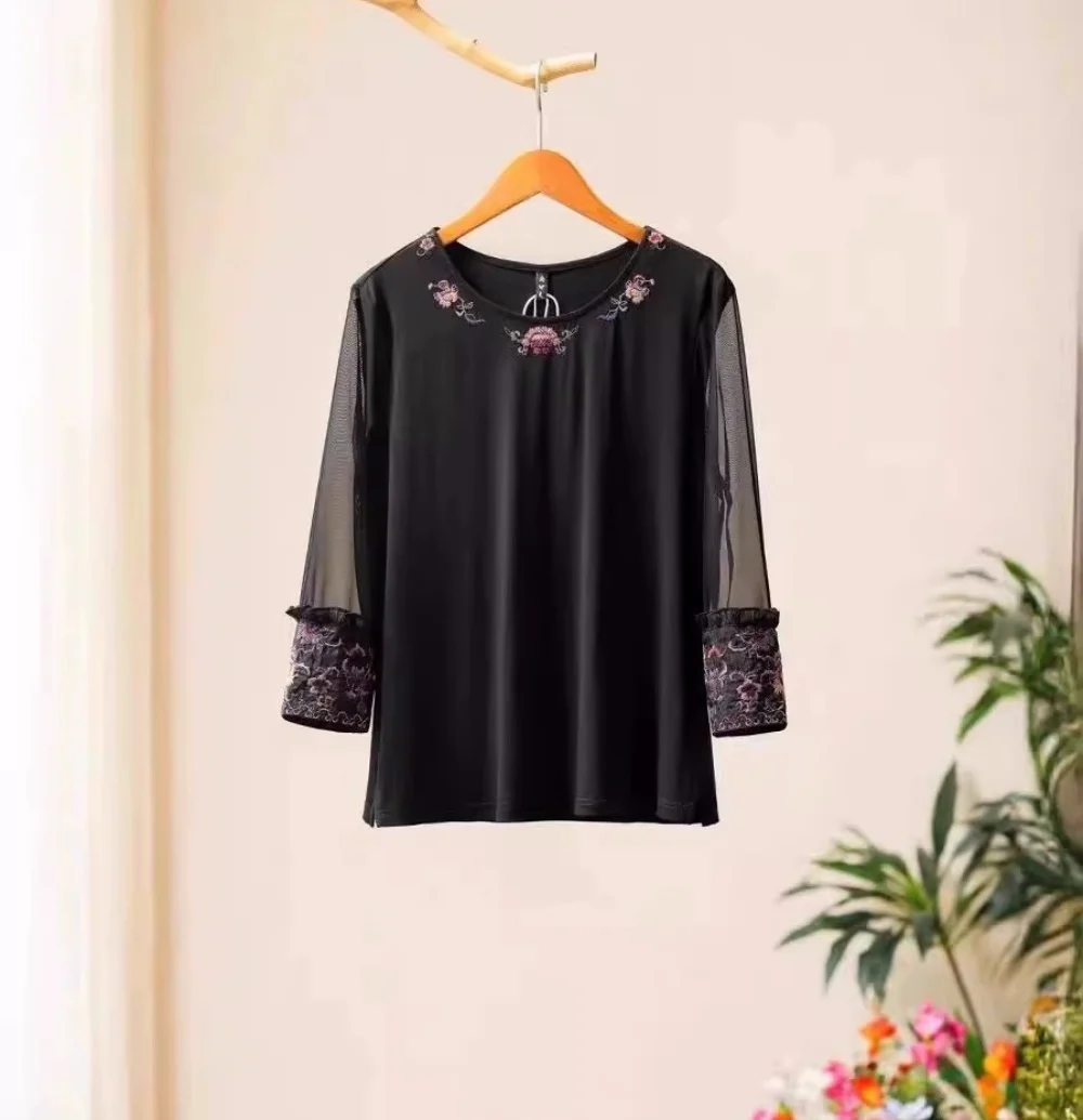 Chinese style bamboo fiber T-shirts Black High Strecth Versatile base shirt Vintage embroidery tops High quality Woman clothing