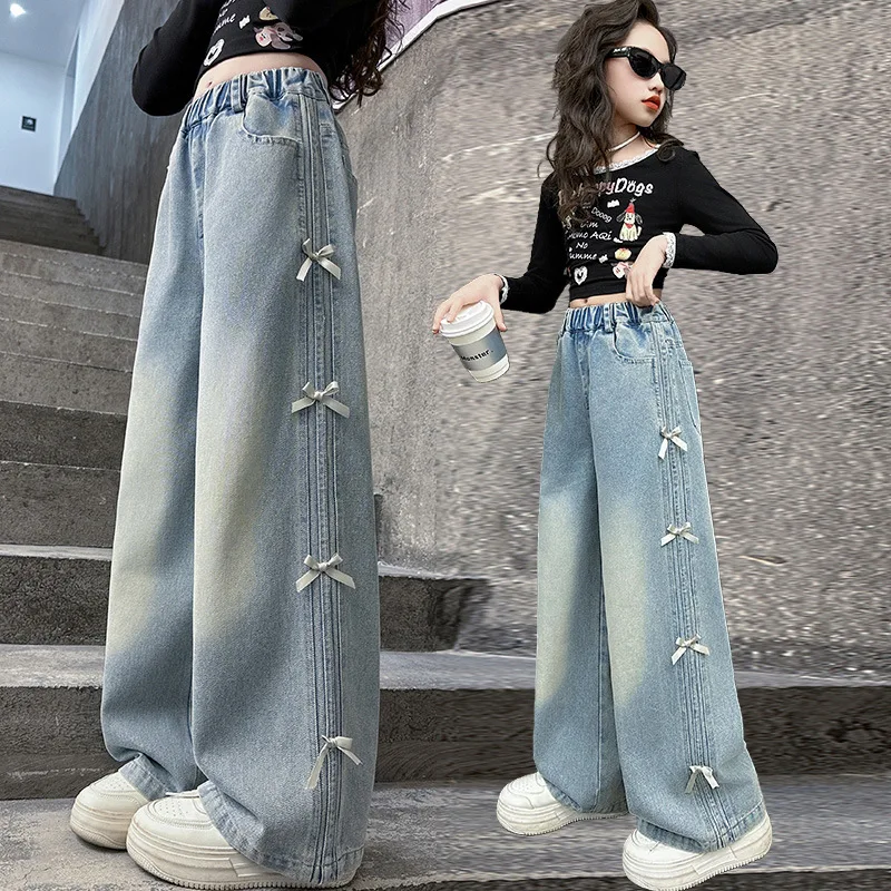Children Spring Autum Baggy Jeans with Side Pull Strip Bow Tweens Girl Casual Denim Pants Kids Streetwear Trousers Hot Selling