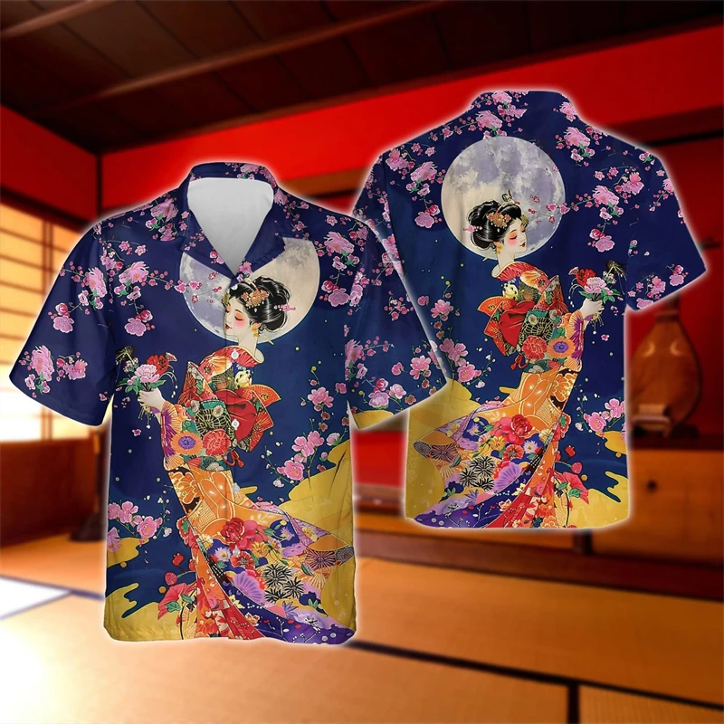 Japanese Geisha 3D Print Lapel Blouse Harajuku Fashion Cherry Blossoms Kabuki Shirts For Men Clothes Hawaii Vacation Geiko Tops