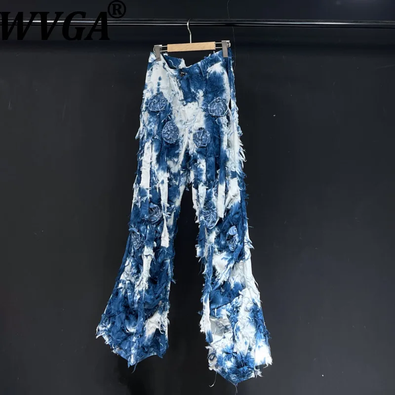 

WVGA Осень Зима Новый Мужской Tide High Street Tie-Dye Цветочный Печворк Модный Дизайн Нишевые Шикарные Повседневные Расклешенные Брюки Ins Y2K W12311