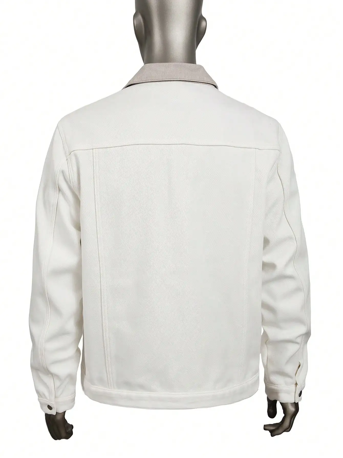 Men's Off-White Color-Block Collared Fleece-Lined Denim Jacket — Winter Thick Warm Workwear Denim Coat, Vintage Casual Top