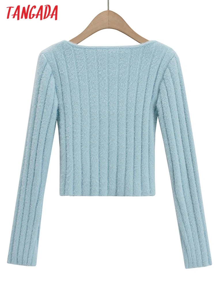 Tangada 2023 Autumn Winter Women Slim Knitted Sweater Jumper Square Neck Female Pullovers 4P44