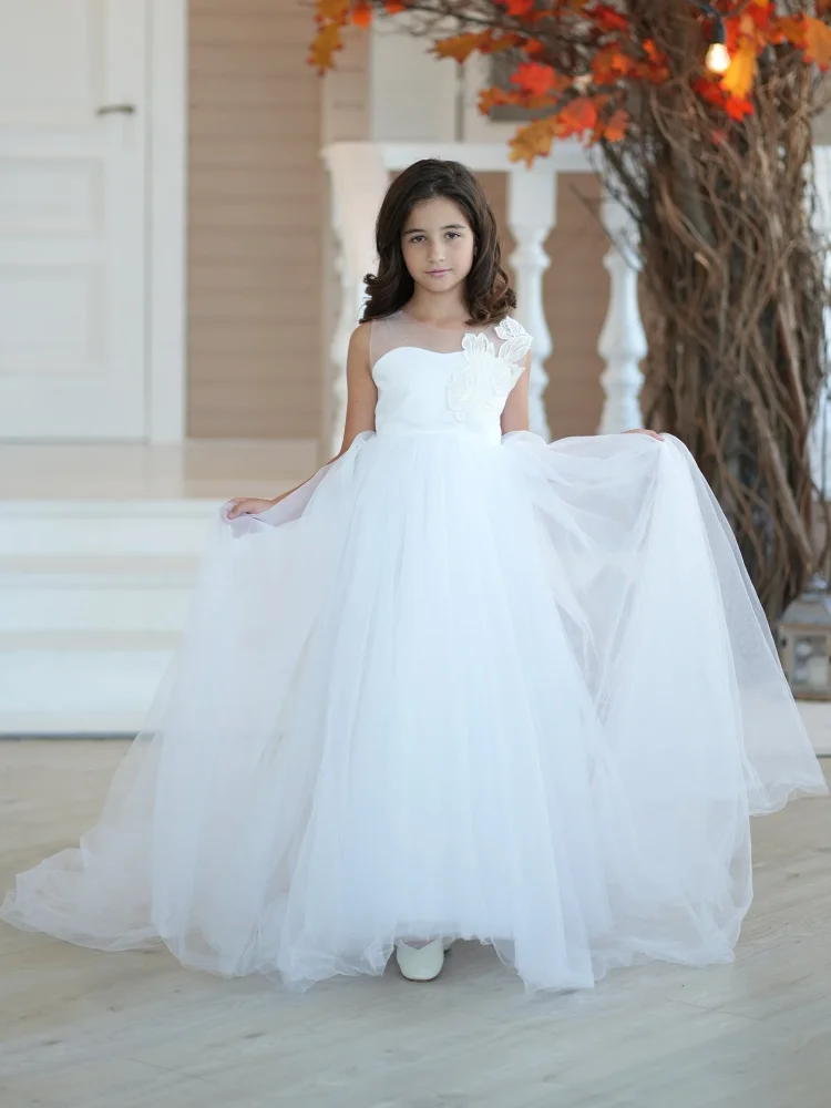 

White Flower Girl Dresses Tulle White Appliques With Bow Sleeveless For Wedding Birthday Party Holy Communion Gowns