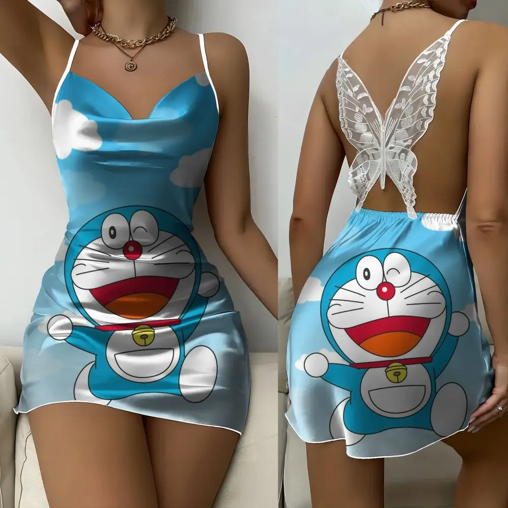 2024 Silk Surface Mini Dress Butterfly decorated Nightgown dress Doraemon animated Print halter dress for women Cute sexy dress