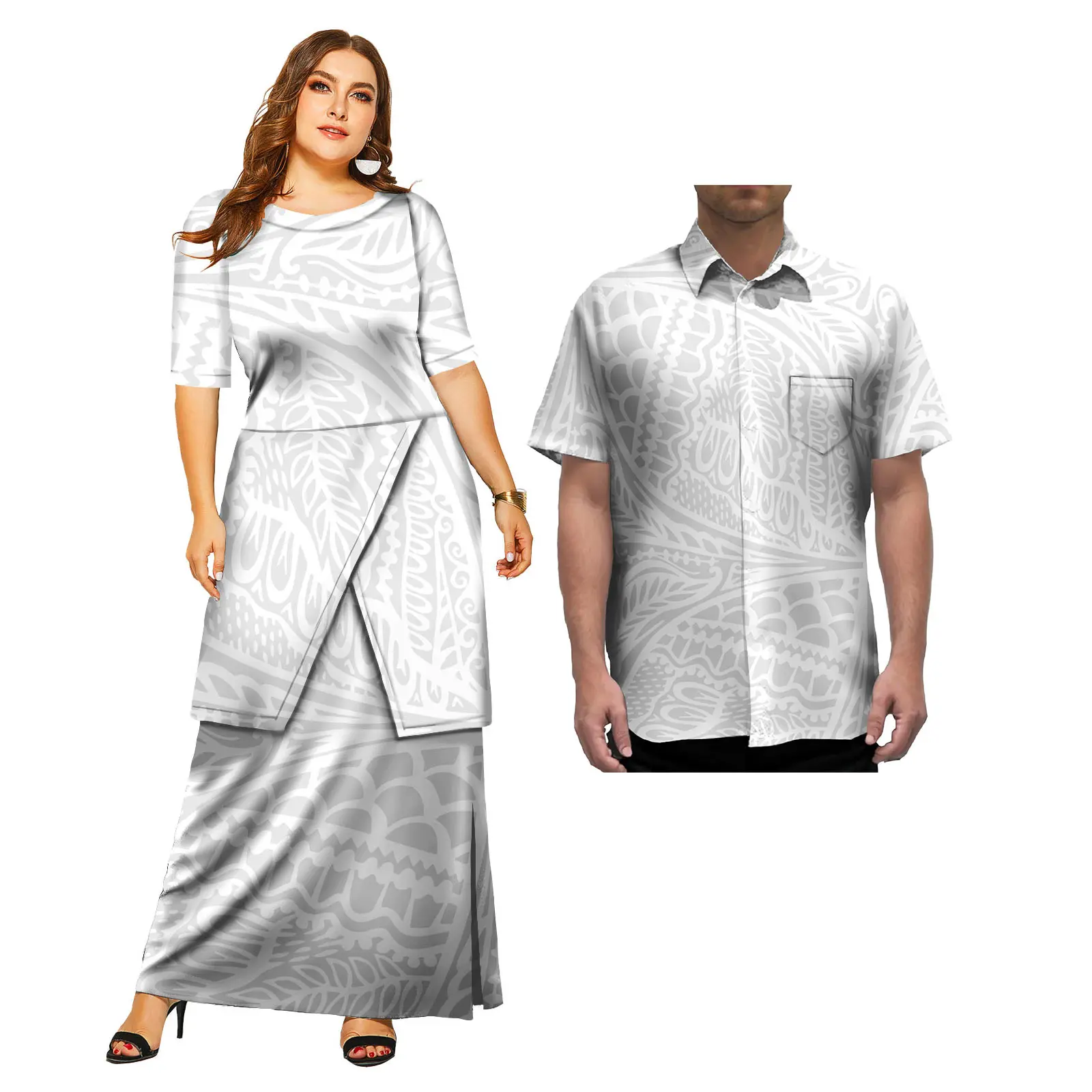 Nowy Design Ubrania dla Par Polinezyjski Elei Tribalny Wzór Personalizowana Biała Kościelna Długa Sukienka Puletasi Pasujące Koszule Męskie