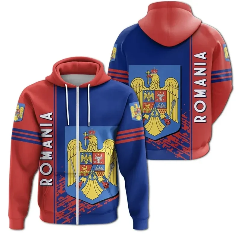 Romania Flag Graphic Zipper Pullovers For Men Romanian Emblem 3D Printed Hoodies Fashion Loose Street Long Sleeve Sweatshirts