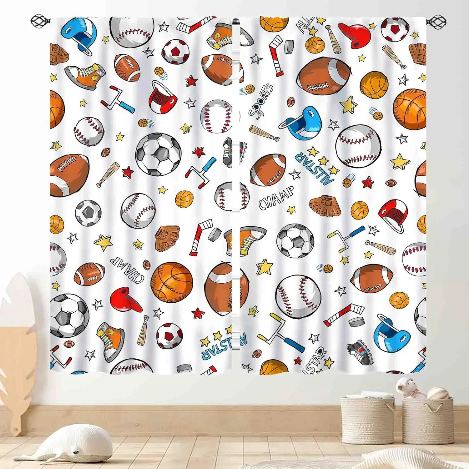 Colorful Sports Curtains, Mixed Basketball Soccer Baseball Print Design,Modern Room Decor for Kids Boys Girls Bedroom Playroom