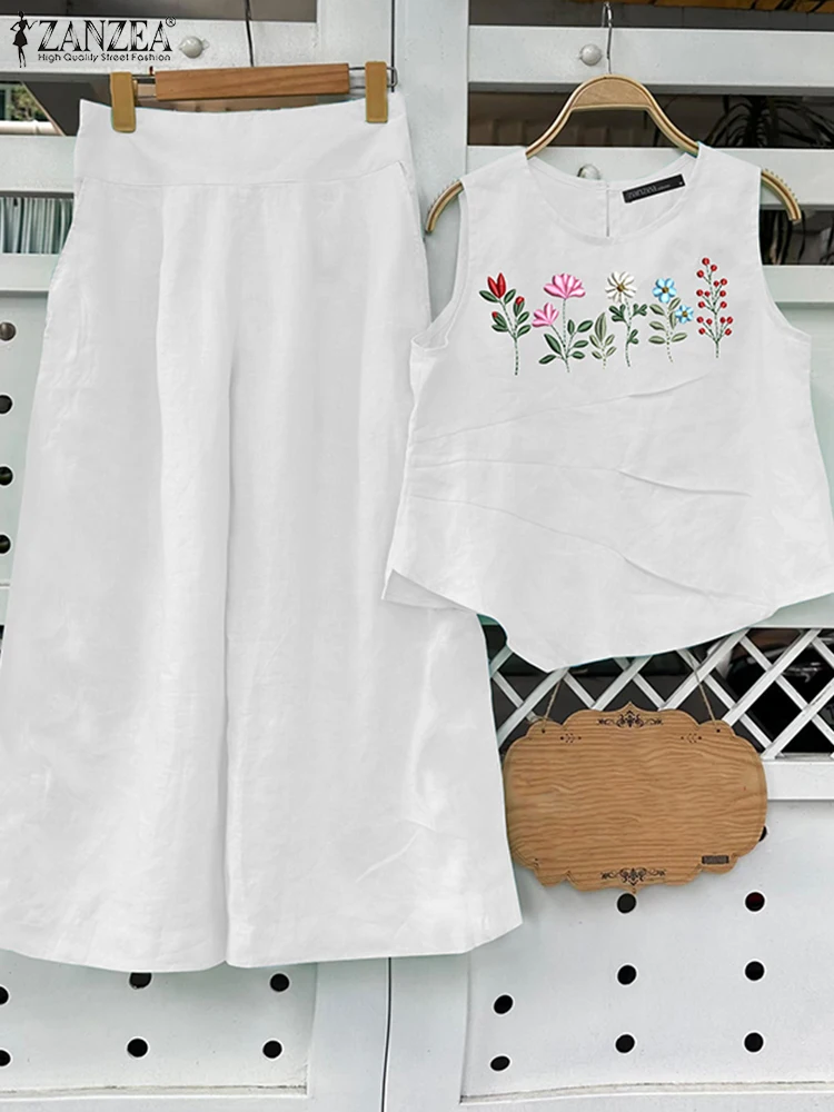 

2PCS Elegant Women Tracksuits ZANZEA Summer Matching Sets Fashion Sleeveless Embroidery Blouse Trousers Suit Casual Work Outfits