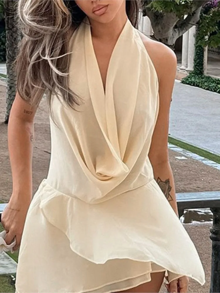 

Fashion Solid Color Mini Dress Women Summer Sexy Deep V-neck Backless Dresses Sleeveless Ladies Elegance Irregular Hem Vestidos