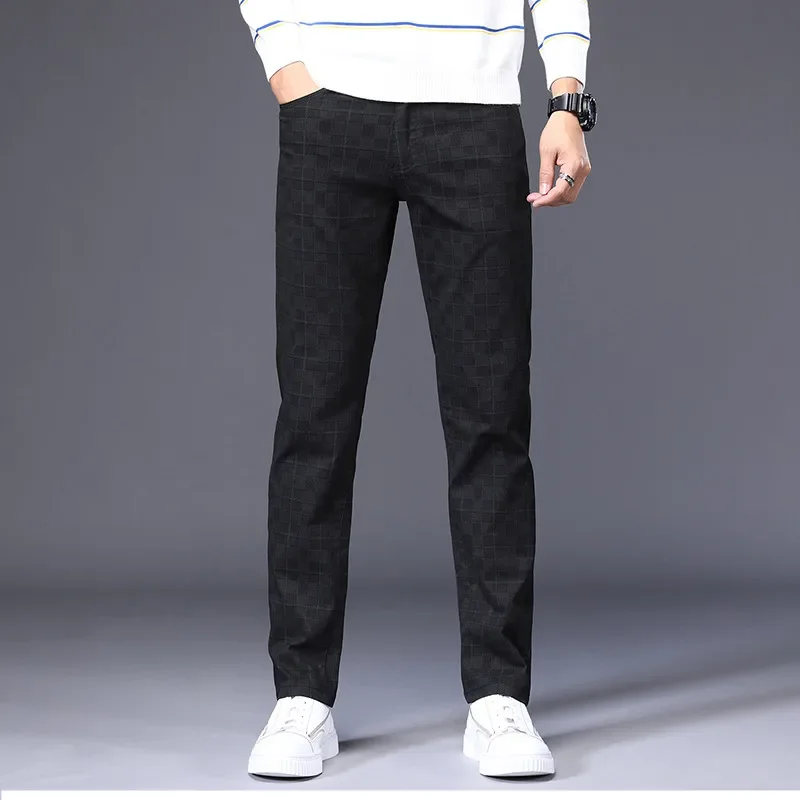 Men's Plaid Pants Dress Classic Formal Slim Fit Casual 2024 Autumn Cotton Stretch Black Work Office Youth Fashion Trousers Male