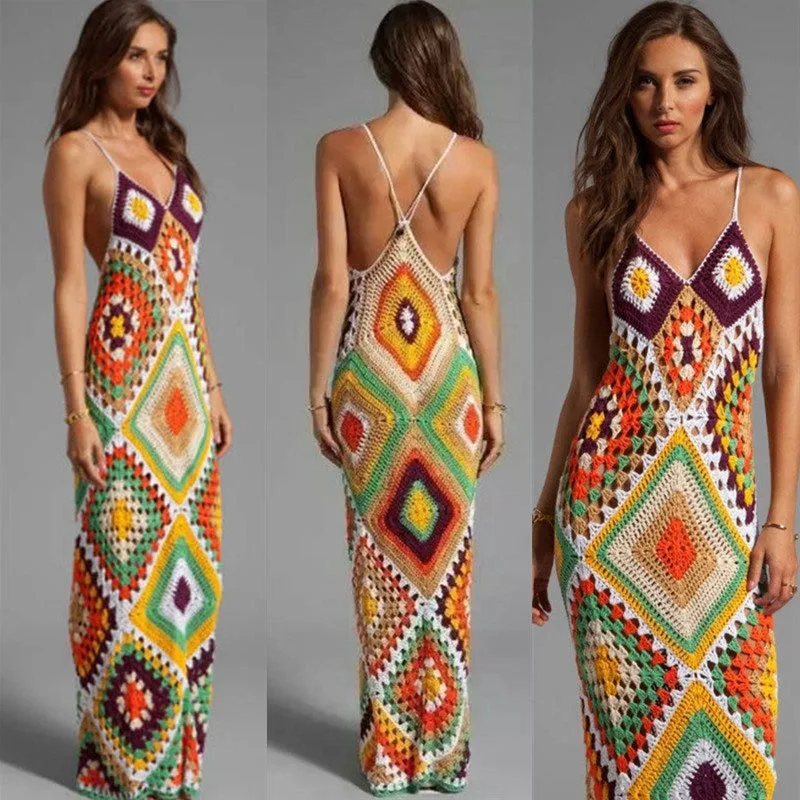 

Handmade Crochet Knitted Sling Maxi Dress Women 2023 Summer Multi Color Backless Beachwear Bohemian Vacation Vestidos Sundress