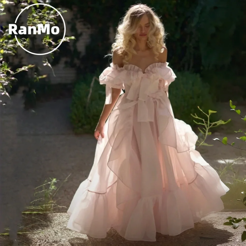Ranmo Organza Off Shoulder Floor-Length Evening Dress Formal Party Dresses Fluffy Pleated Garden Shooting Customized شارون سعيد