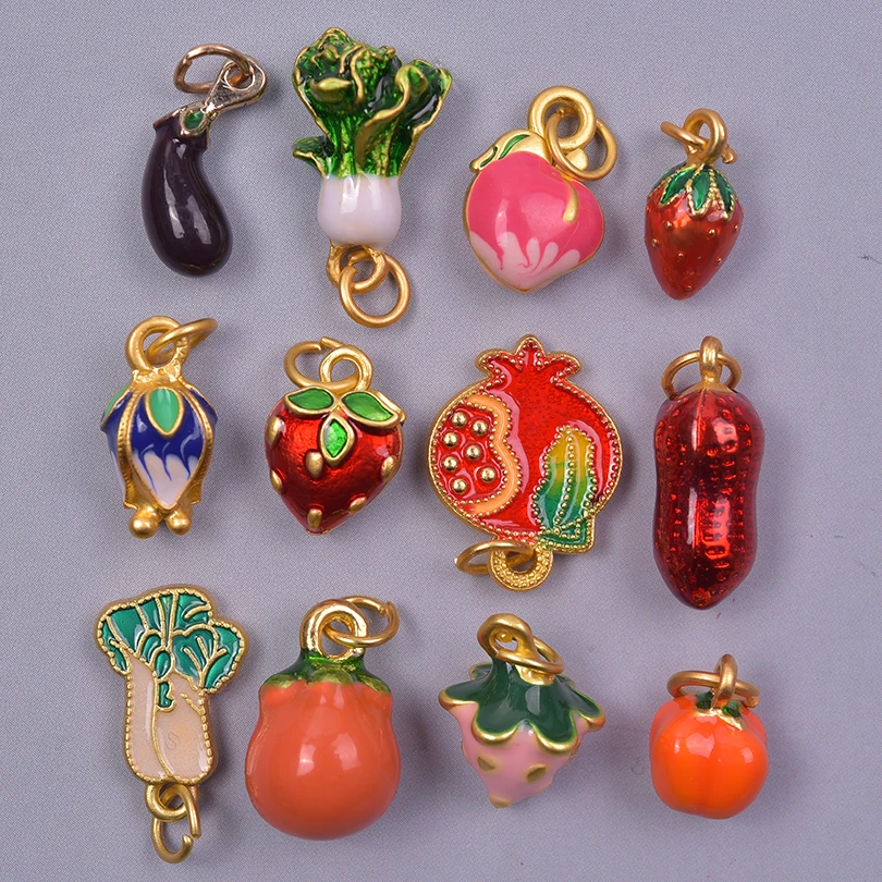 12pcs Mix Stereoscopic Gold Color Fruits And Vegetables Enamel Charms For Jewelry Making Bulk Alloy Materials Eggplant Pendants