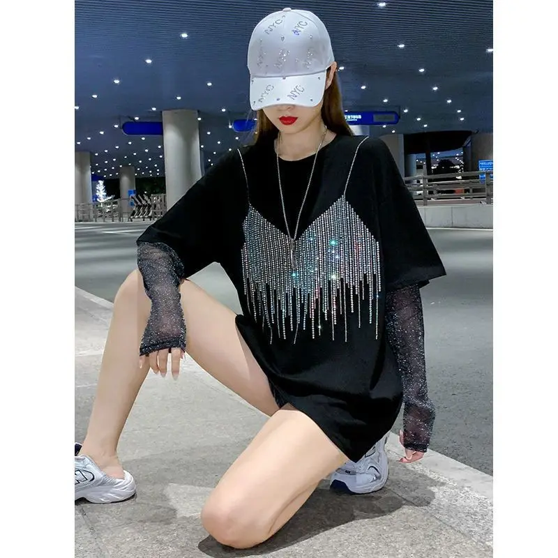 Women Spring Summer Fashion Net Yarn Patchwork Diamonds O-neck Long Sleeve T-Shirt Ladies Casual Office Lady All-match Tops