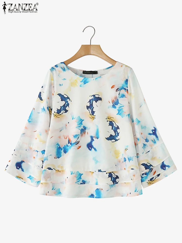 

ZANZEA Women Blouses Vintage Floral Printed Tops Casual Loose O Neck Blusas 2025 3/4 Flare Sleeve Summer Tunics Oversized