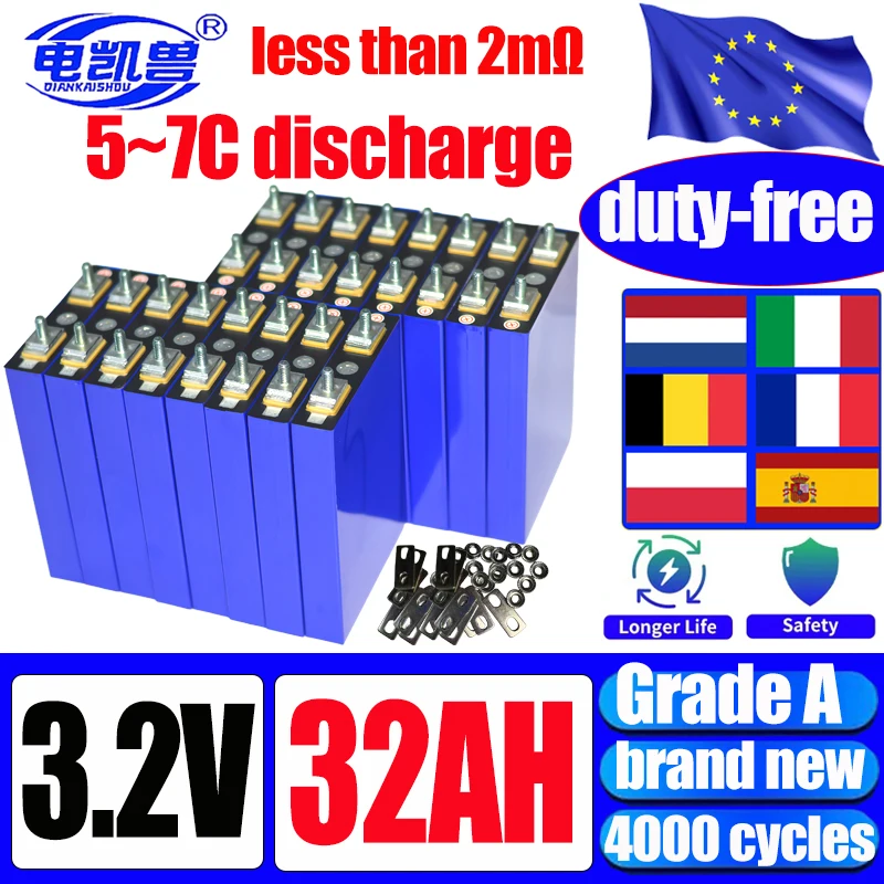 Brand New 4000 Cycles A-Grade 3-5 Discharge 3.2V 32Ah LiFePO4 Battery DIY 12V 24V 48V Motorcycle Motor Modification Stud Battery