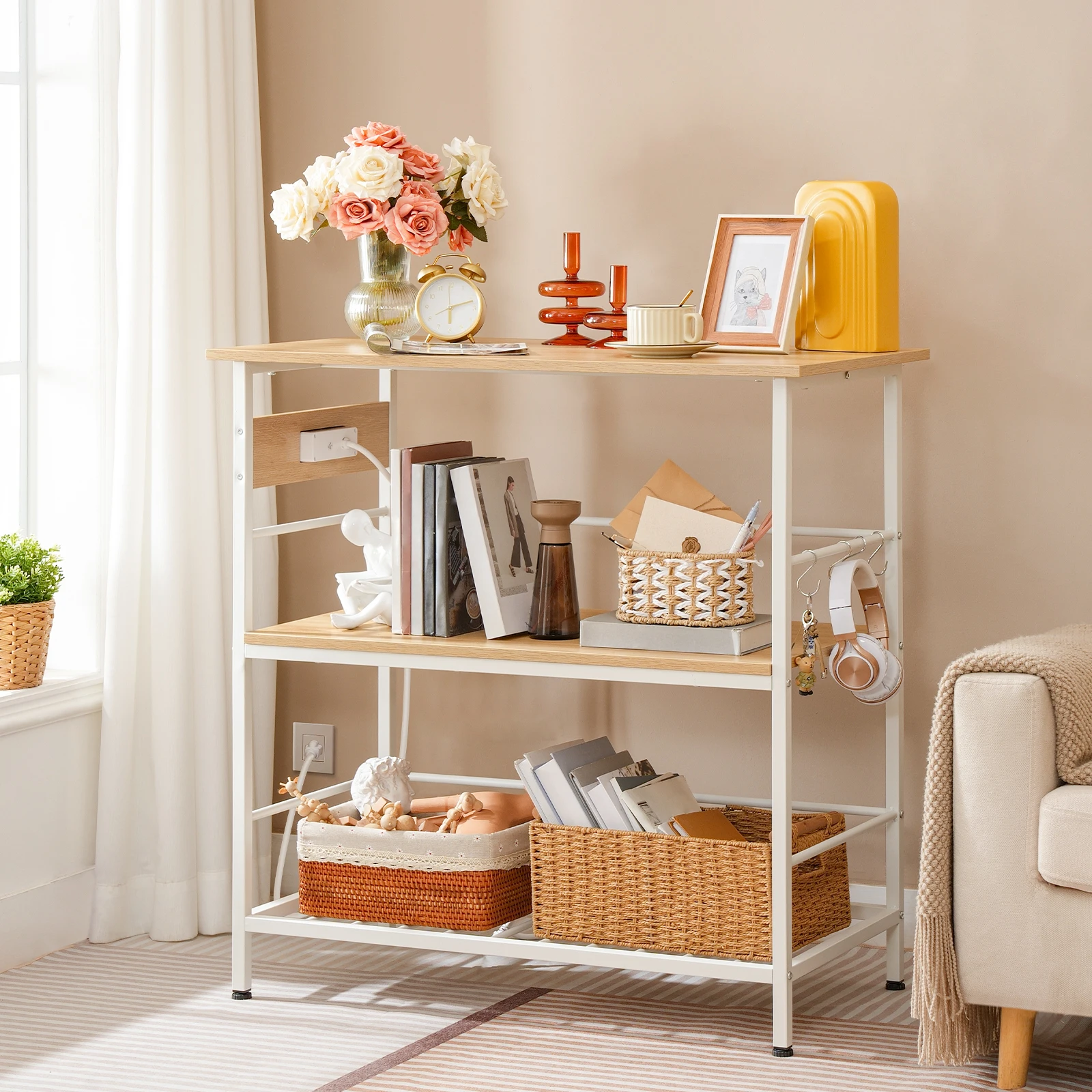 Kitchen Island with Storage Stroller Kitchen Island Table with Power Outlet 3 Tier Coffee Station and Microwave Stand