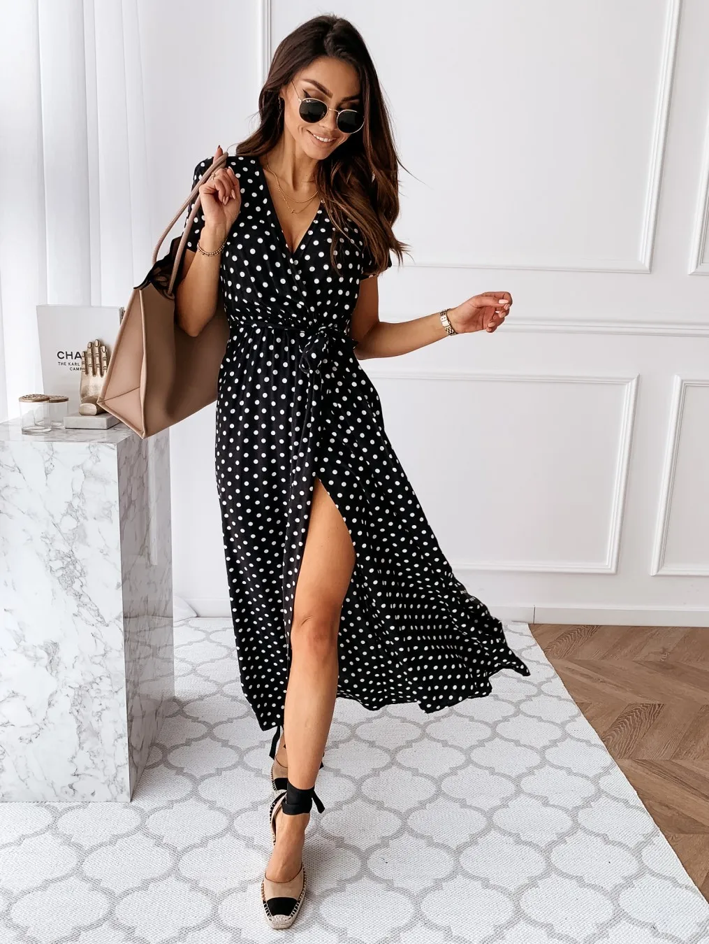 Womens Summer Fashion Maxi Dress Short Sleeve V-Neck Ladies Polka Dot Dress Split For Female Boho Beach Holiday Dress