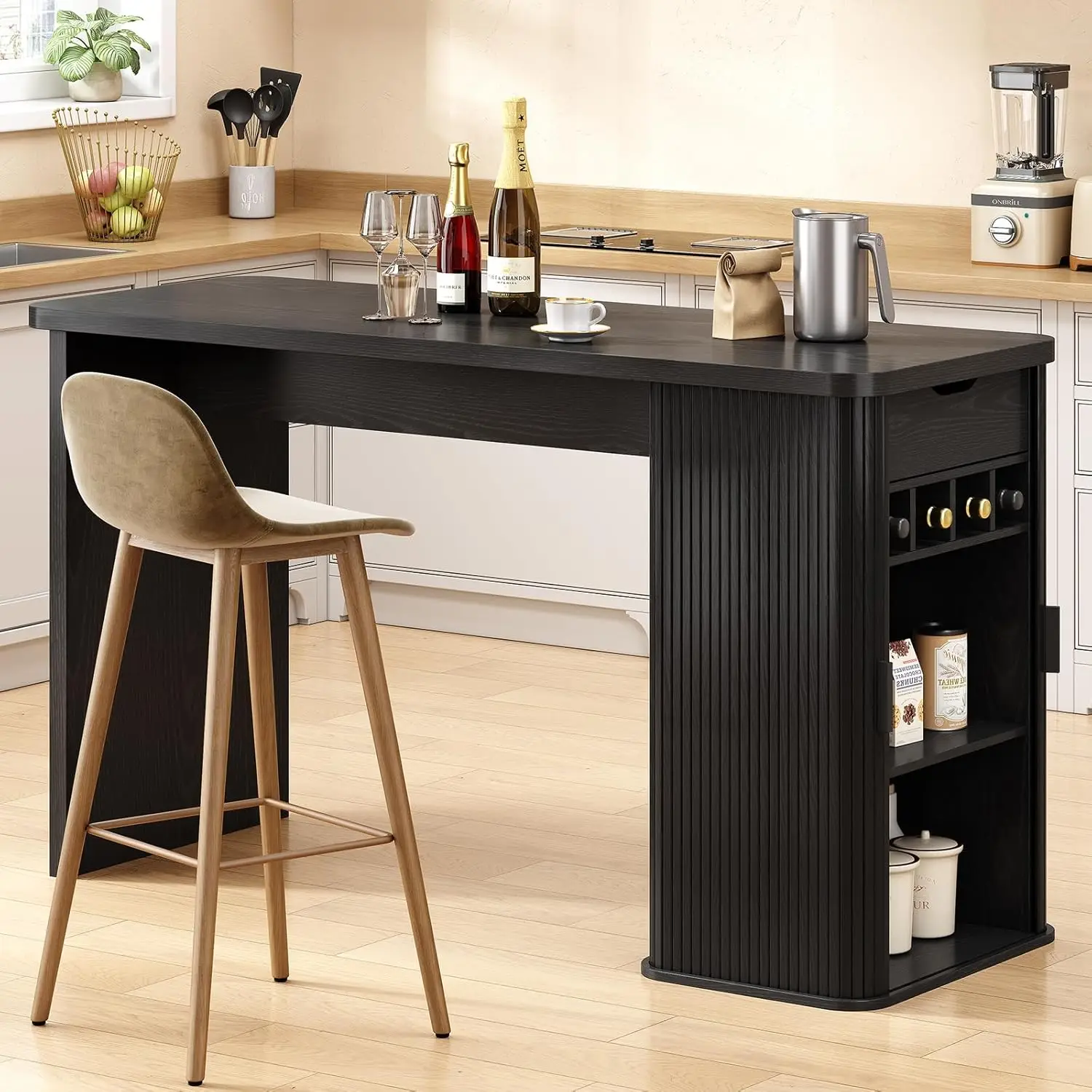 

59 Inch Kitchen Island with Storage, Fluted Counter Height Table, Mid-Century Modern Kitchen Island Table with Sliding D