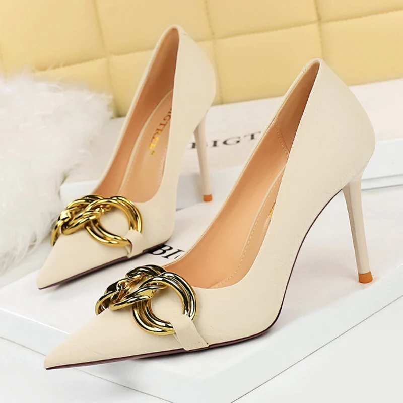Lady Luxury Metal Buckle Design 7.5cm 9.5cm High Heels Pumps Women Chic Green