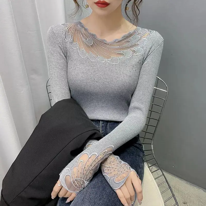 Autumn Winter New Bottoming Shirt Ladies Fashion Diamonds Knitting Pullovers Women Clothes All-match Patchwork Net Yarn Sweater