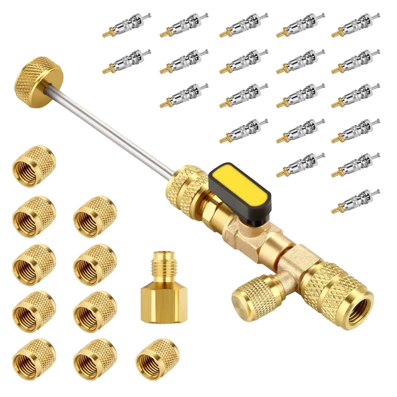 Valve Core Remover Installer Tool Kit with Dual Size 1/4 & 5/16 Port for with R22 R12 R407 R410 R404 R32 R600