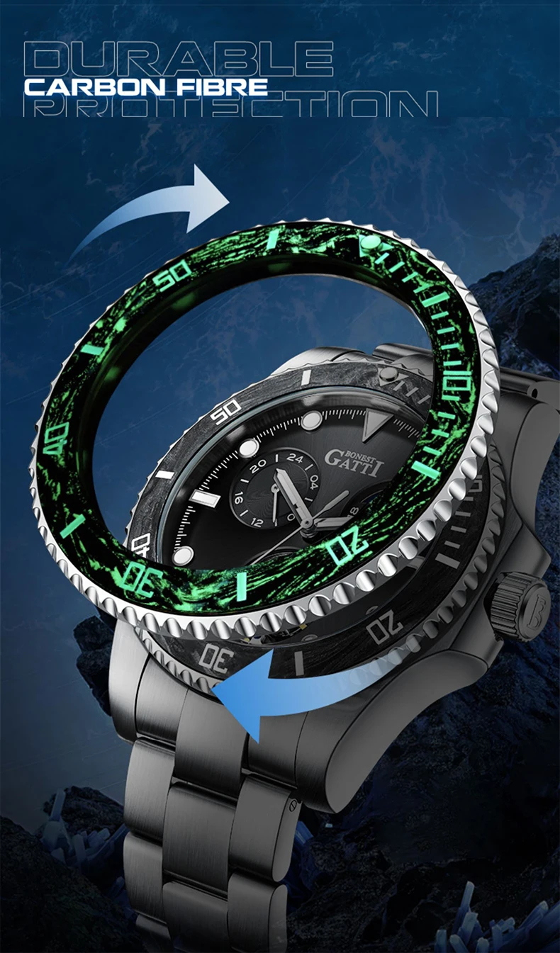 BONEST GATTI Orologio automatico da uomo 42mm Orologio da polso meccanico 10Bar Zaffiro quadrante scheletrato luminoso Lunetta in fibra di carbonio