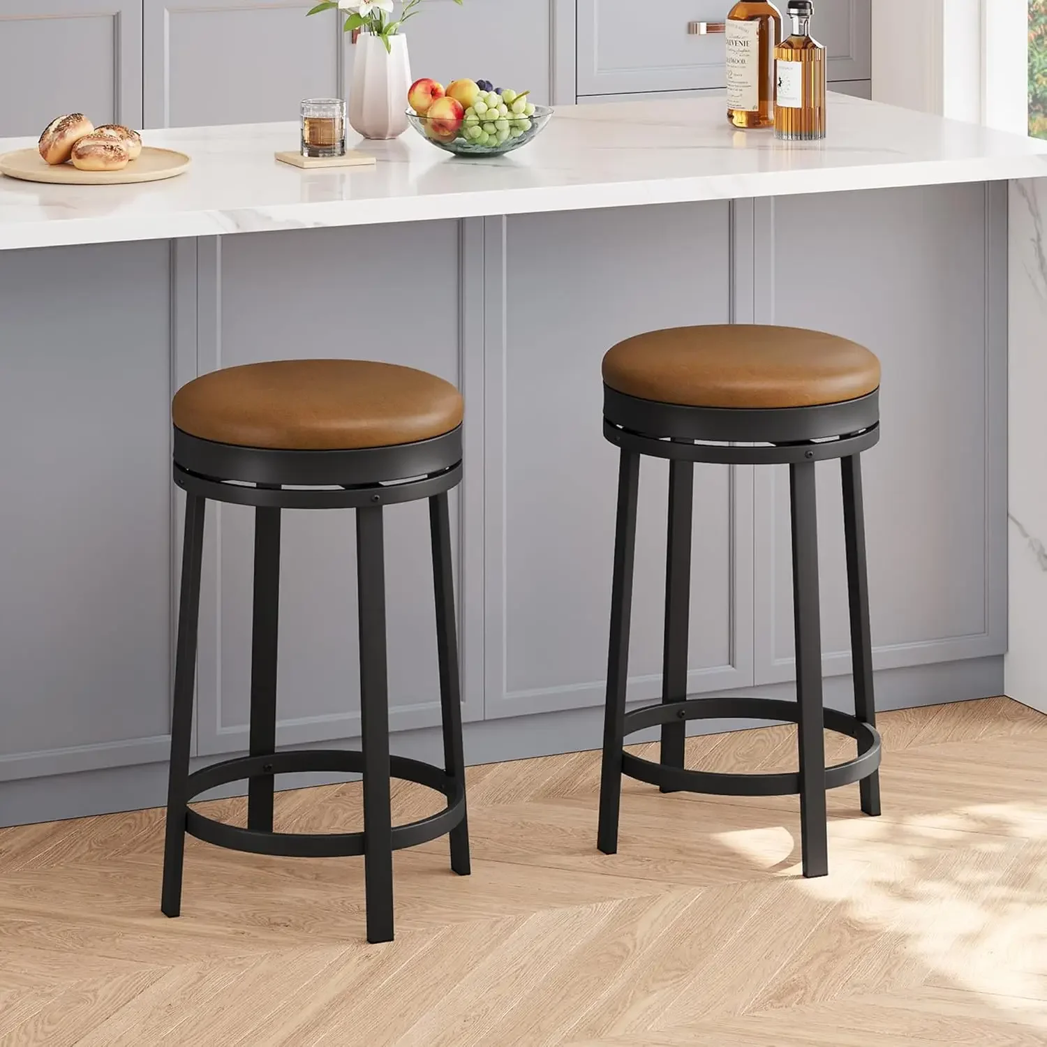 

Swivel Bar Stools Set of 2 with Footrest, Modern Counter Height Barstools, PU Leather Upholstered and Metal Frame, Backless