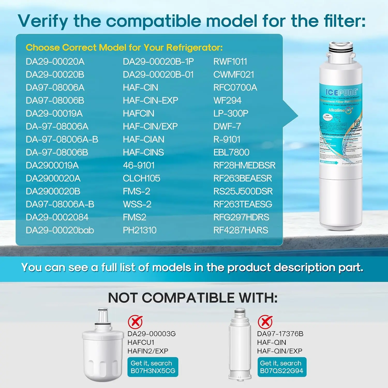 Alkaline Refrigerator Water Filter Replacement, pH-Enhancing, 6-Pack, Compatible with Various Refrigerator Models, Replaces Multiple OEM Cartridges