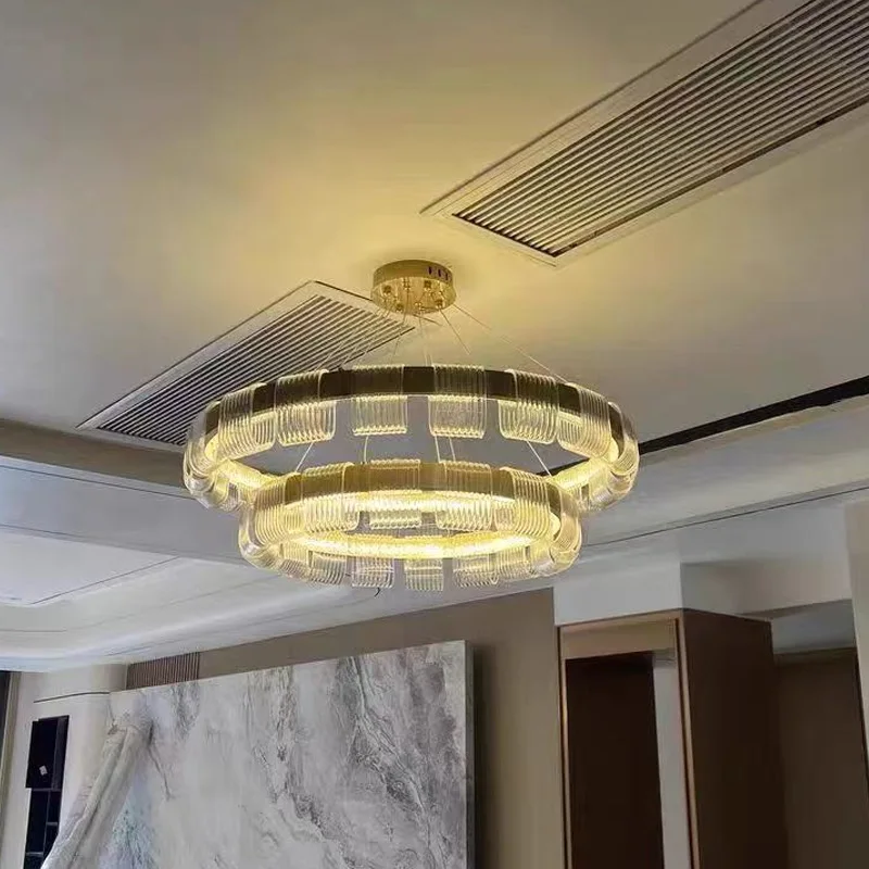 

2025 Golden aluminium acrylic hanging chandelier, ceiling decoration, LED lustre, height adjustable, suitable for dining room