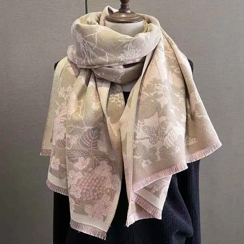 Women's Faux Cashmere Scarves with Floral And Bird Patterns Thickened Cold-Proof Air-Conditioned Shawls for Autumn Winter Warmth